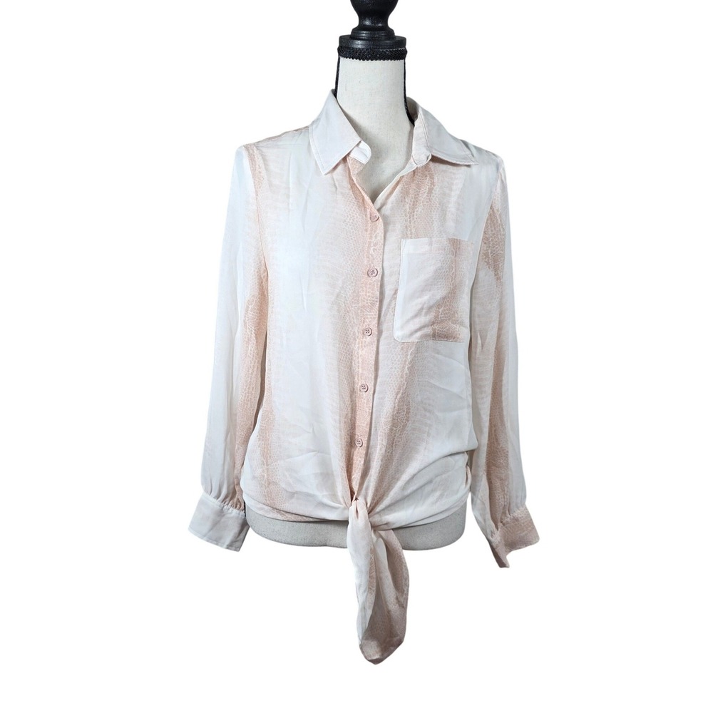 Violet + Claire Blouse Pink Snakeskin Front Tie Button Up Small Boho, Casual Top